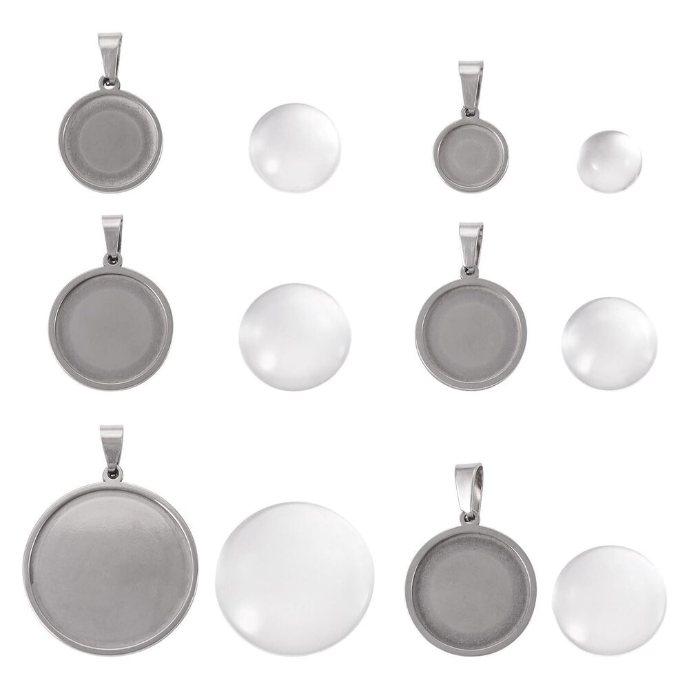 8666 12Pcs Stainless Steel Flat Round Cabochon Pendant Settings
